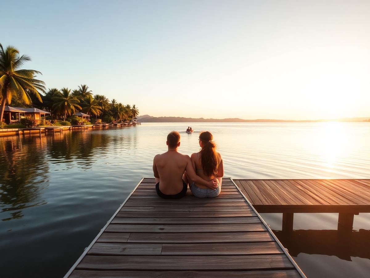 Casal no deck do lago